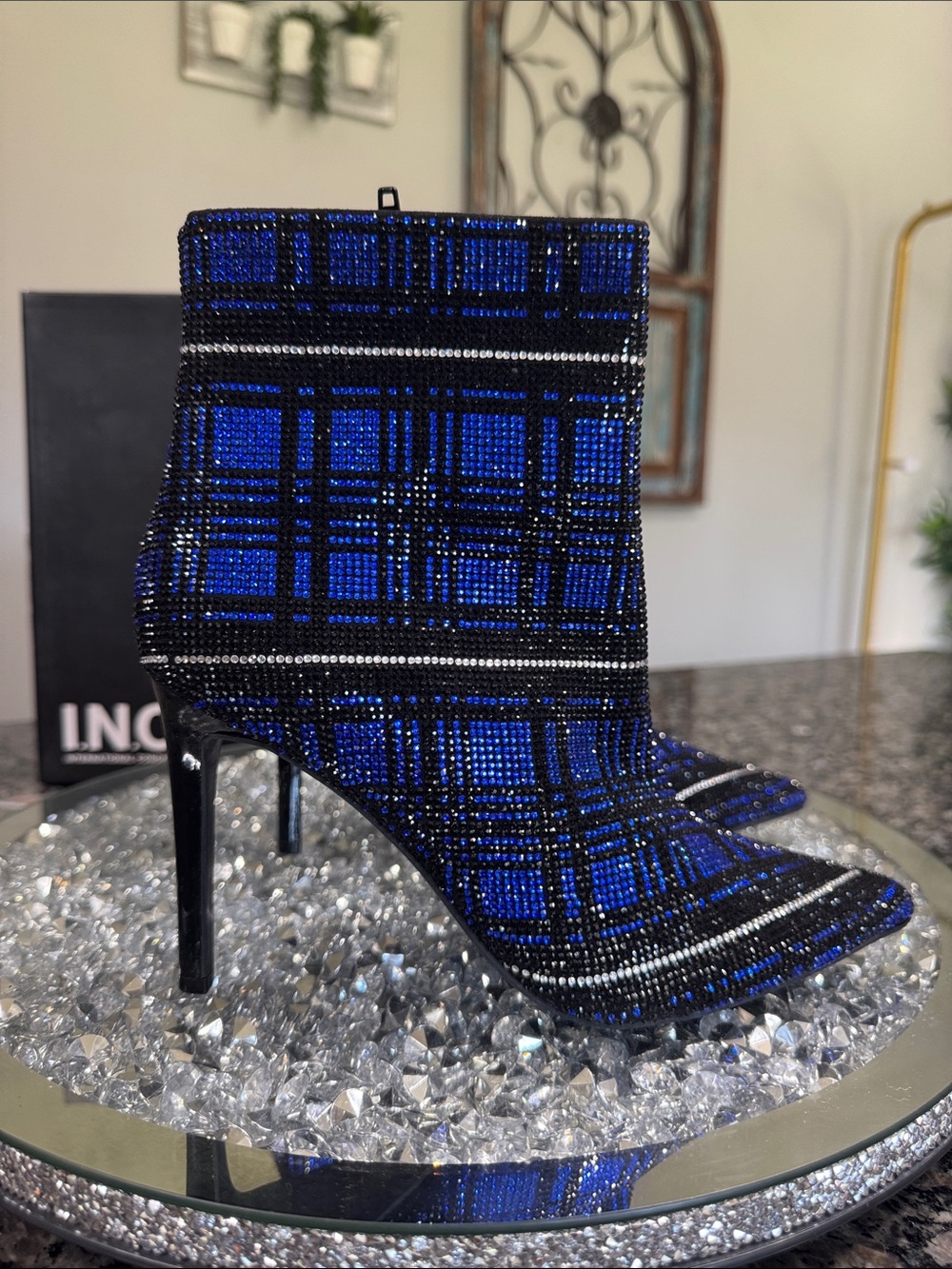 INC International Concepts Blue and Black Crystal Plaid Stiletto Ankle Boots